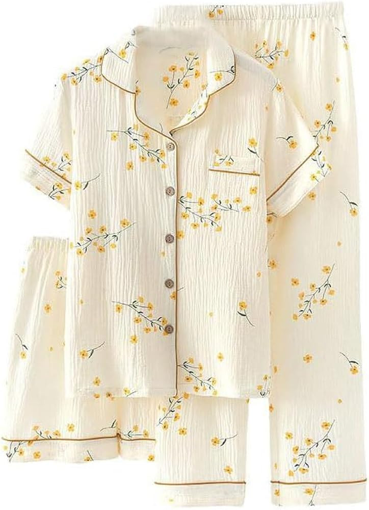 codcm Womens 3pcs Cotton Pajamas Set Short Sleeve Sleepwear Fruit Print Cute Pj Set with Long Pan... | Amazon (US)