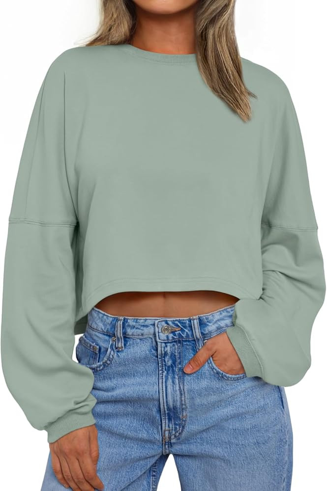 Trendy Queen Cropped Sweatshirts for Women Oversized Crewneck Sweaters Long Sleeve Tops Fall Wint... | Amazon (US)