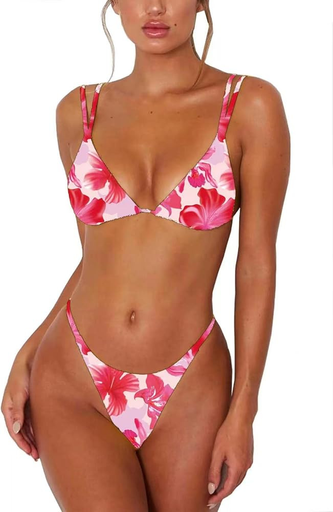 Women's Sexy Thong Bottom Two Piece Bikini Double Shoulder Straps Cute Swimsuit Triangle Bathing | Amazon (US)