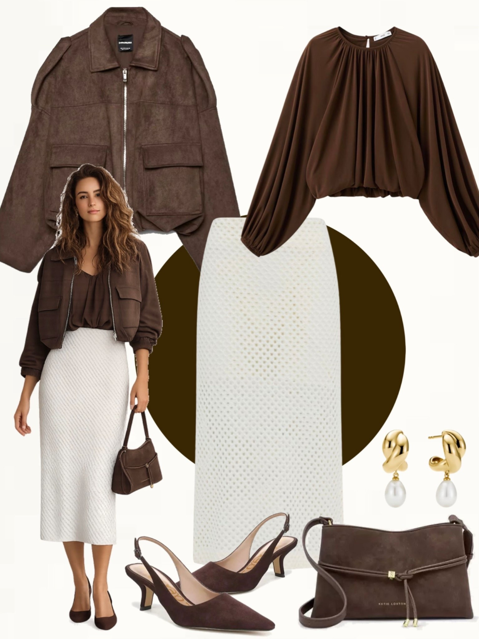 Chocolate brown flowy blouse tucked into a textured ivory midi skirt with a dark brown suede bomber jacket. Completed with brown slingback heels, a matching brown crossbody bag, and gold statement earrings.
#chicstyle #neutraloutfits #springfashion

#LTKSeasonal #LTKOver40 #LTKootd