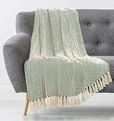 Americanflat Zaina Sage and Beige Herringbone Cotton Blanket Throw with Fringe - 50x60 Inches | Amazon (US)