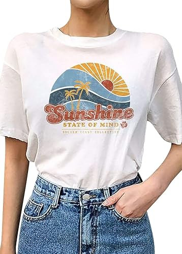 Sunshine State of Mind Shirt Women Letter Print Sun Beach Graphic T-Shirt Short Sleeve Summer Cas... | Amazon (US)