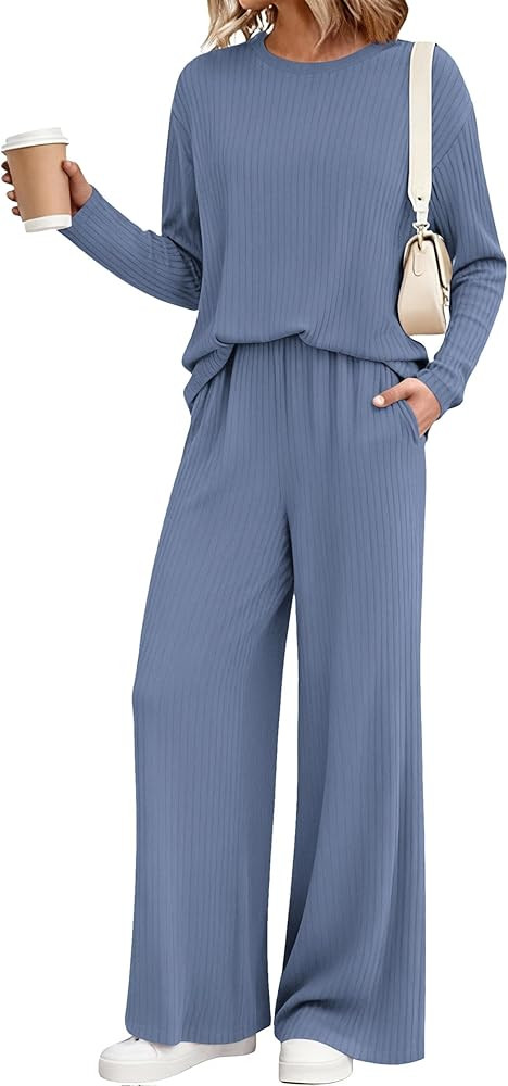 KIRUNDO Spring 2 Piece Lounge Sets for Women Long Sleeve Ribbed Knit Tops Wide Leg Pants Matching... | Amazon (US)