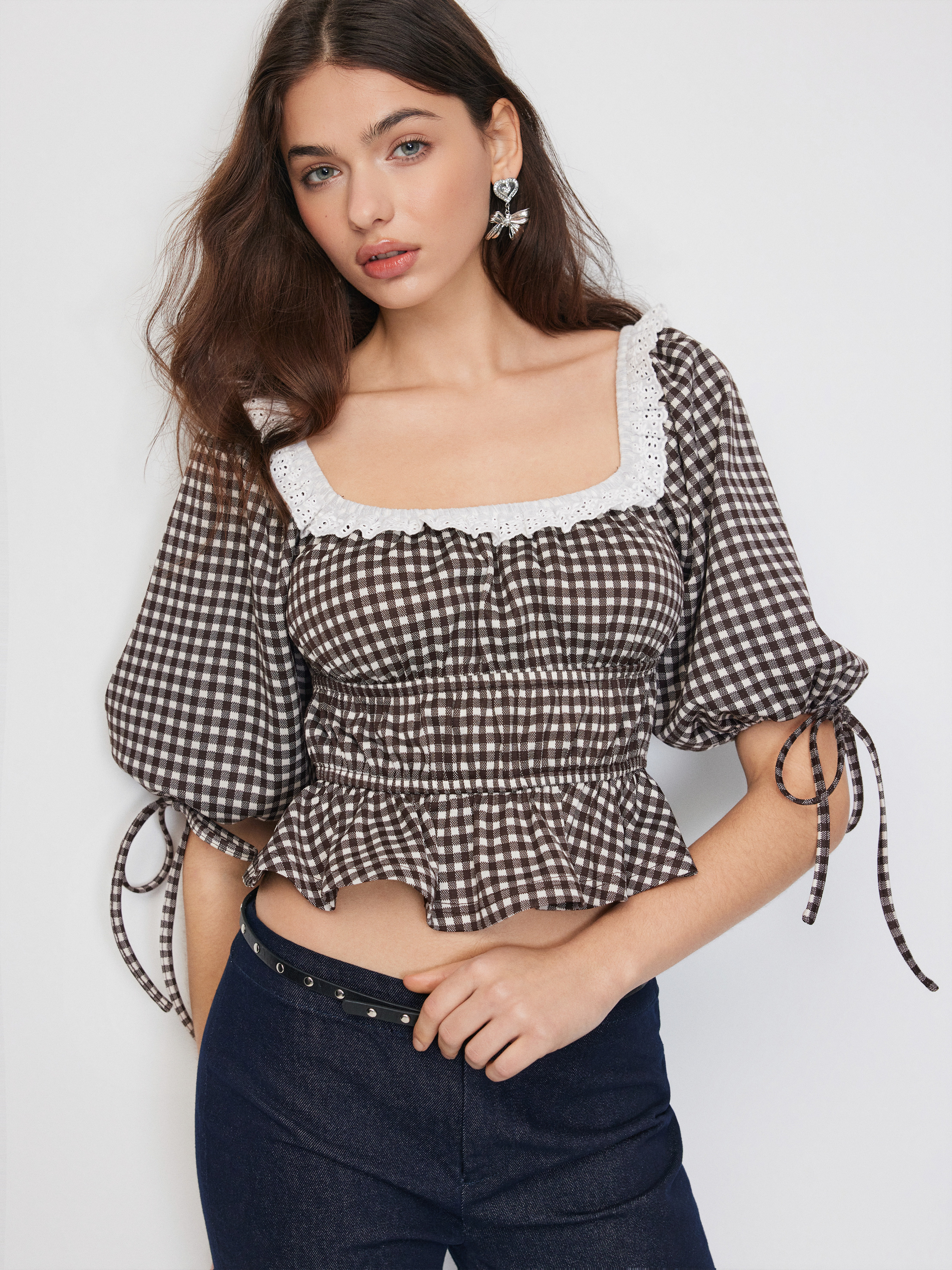 Knit Fabric Gingham Square Neck Puff Sleeve Ruched Peplum Oversized Top For Daily Casual Date | Cider