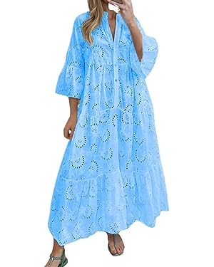 Women Eyelet Dress Boho Maxi Dress Elegant Lace Hollow Dress Summer V Neck Bell Sleeve Ruffle Cas... | Amazon (US)