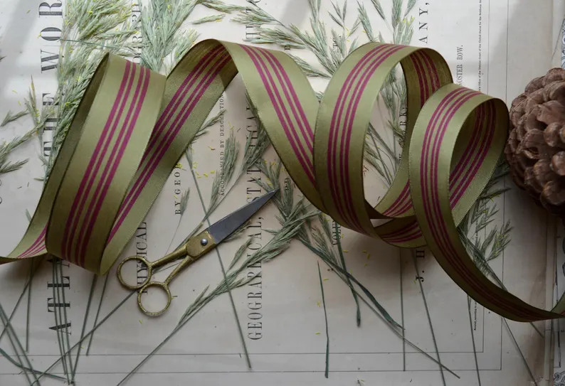 olive and aubergine striped wired ribbon | Etsy (Global)