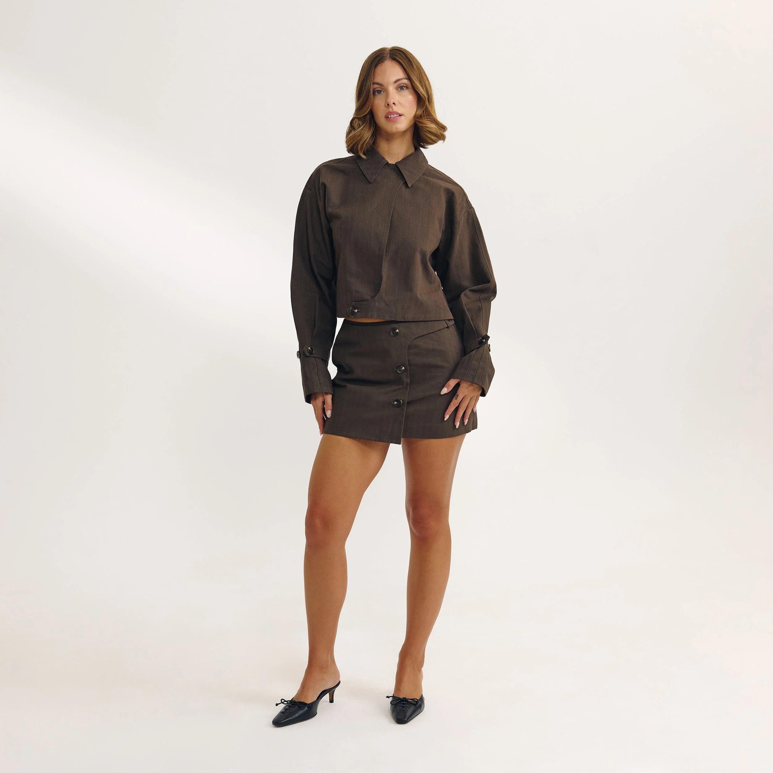 Button Detail Mini Skirt - Dark Brown | Lounge UK