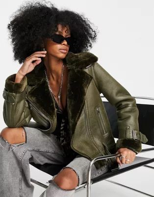 Topshop faux shearling biker jacket with faux fur lining in khaki | ASOS (Global)