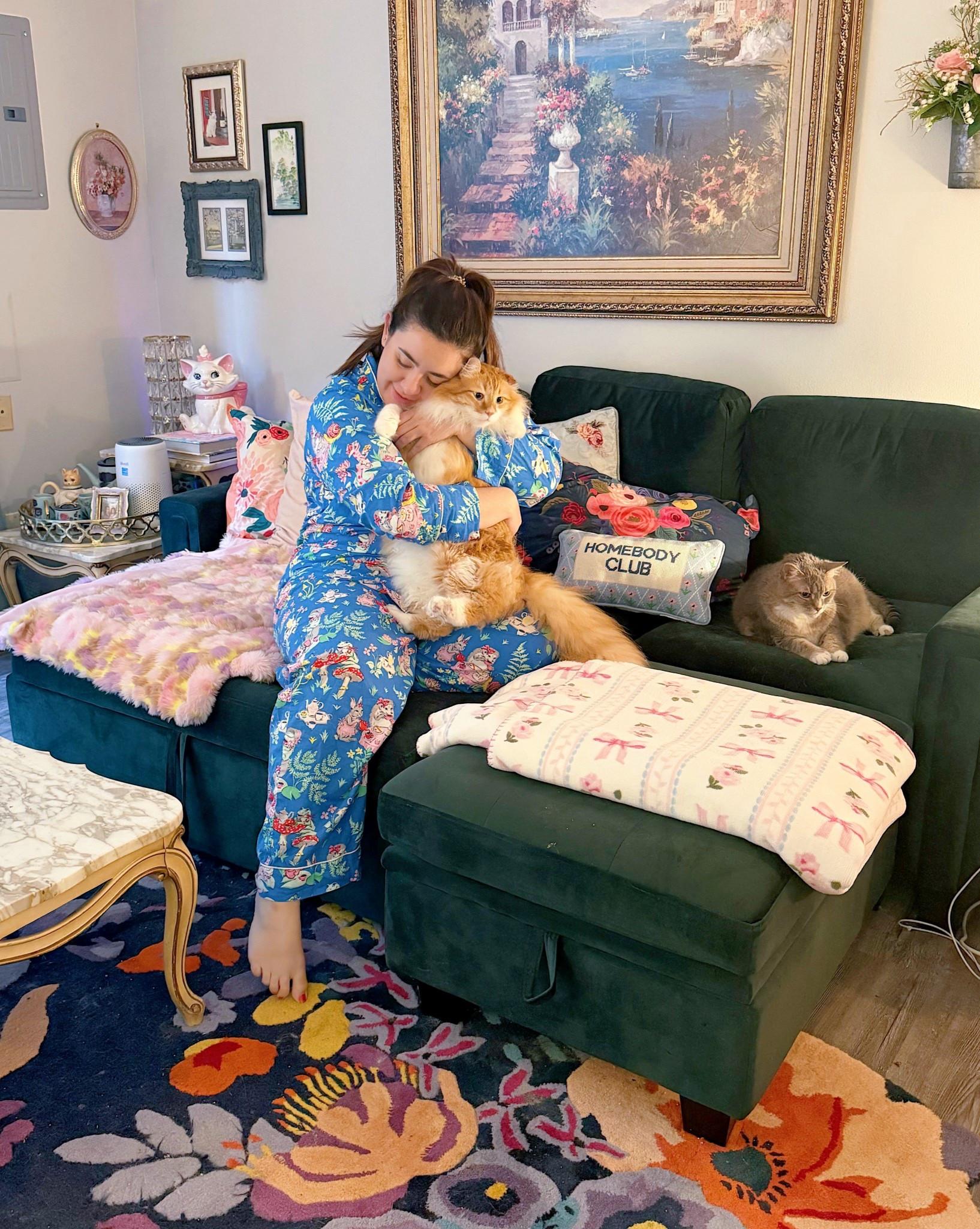 Emerald green velvet pull out sofa, anthro dupe area rug, Printfresh pajamas, colorful home decor 

#LTKHome