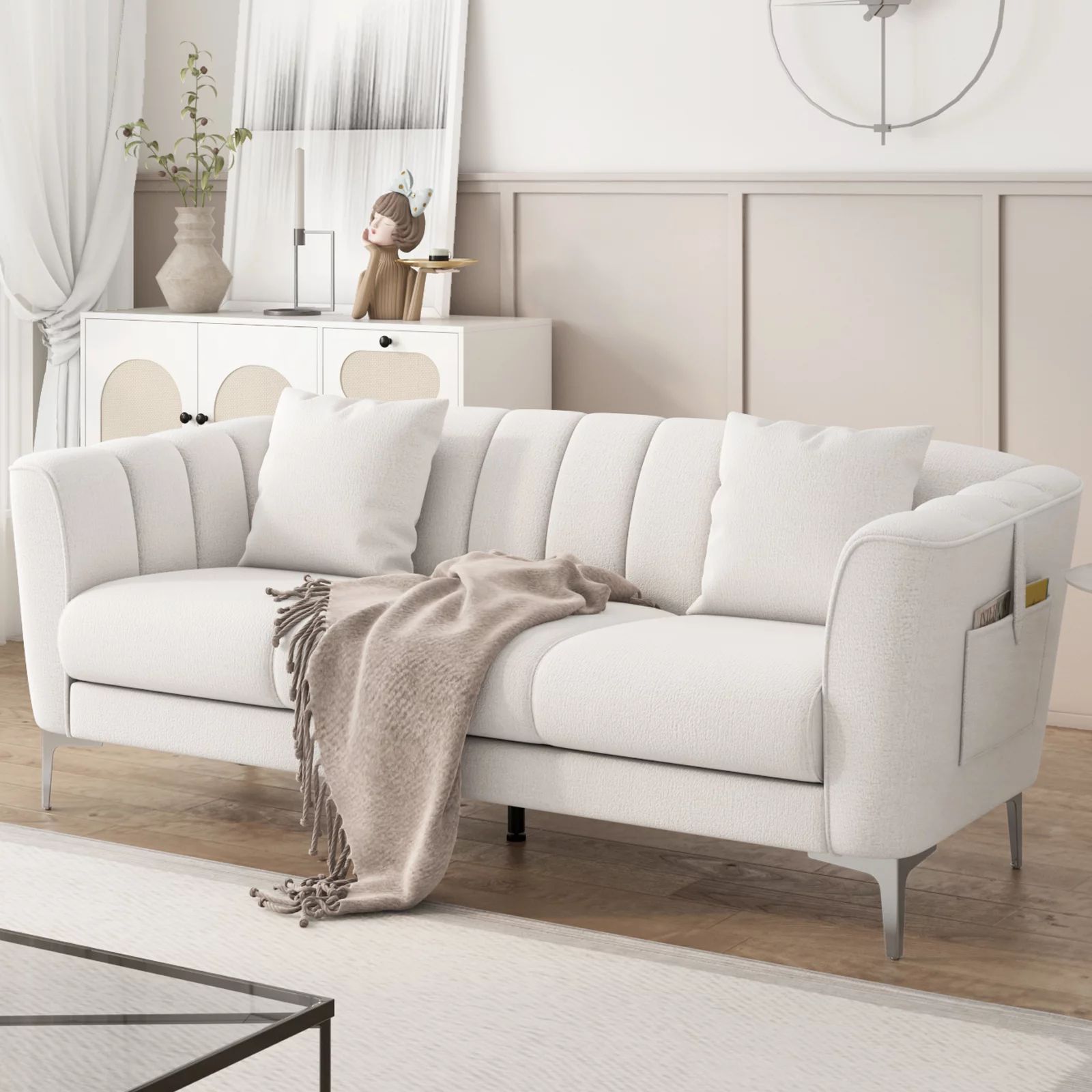 Homfa White Sofa and Couch, 77.2" Modern Chenille Couch with Armrests, Wood Sofa with Pocket and ... | Walmart (US)