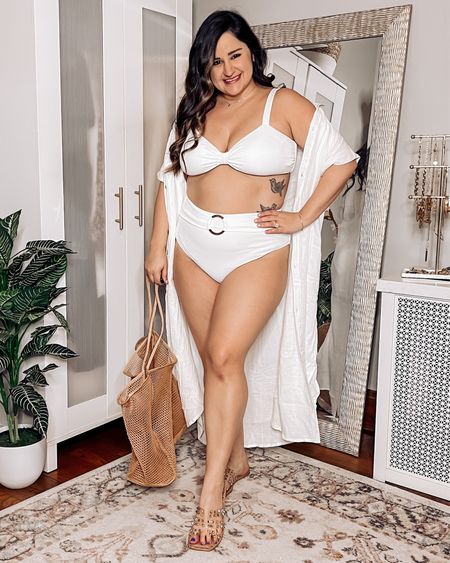 Super cute white high waisted bikini with a white coverup and neutral pool bag paired with studded sandals.

Wearing an XL

Amazon swimsuit, bikini, amazon coverup, white coverup, pool bag, beach bag, beach outfit, pool outfit 

#LTKcurves #LTKswim #LTKtravel