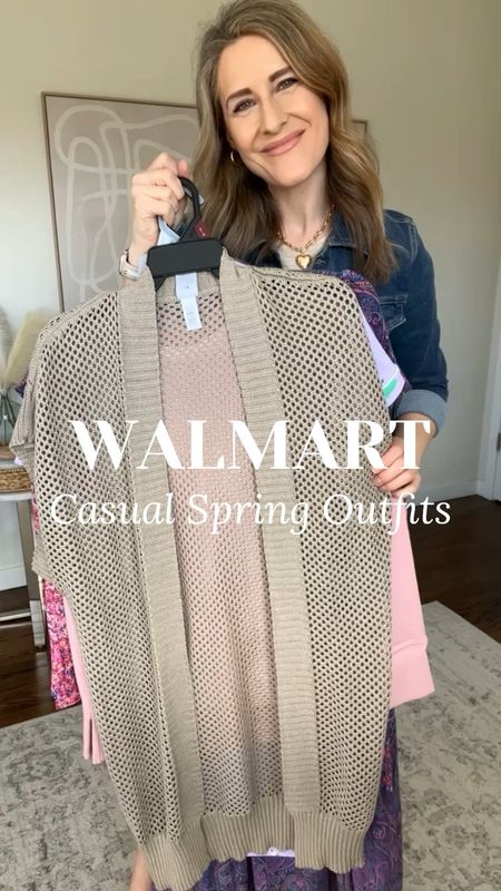 Walmart casual spring outfits! Mixing and matching recent finds. The crochet duster is a new favorite. For sizing, everything fits true to size. I sized up to large in the pink sweatshirt for an oversized fit (it’s roomy to begin with). I got a medium in the utility jacket and trench coat. A small in the dress and small in the denim jacket. Medium in the yoga pants. True to size 6 in the straight leg jeans. Purple dress is a 0X, comes in four colorways. #walmartfinds #walmartfashion 

#LTKover40 #LTKfindsunder50 #LTKfindsunder100
