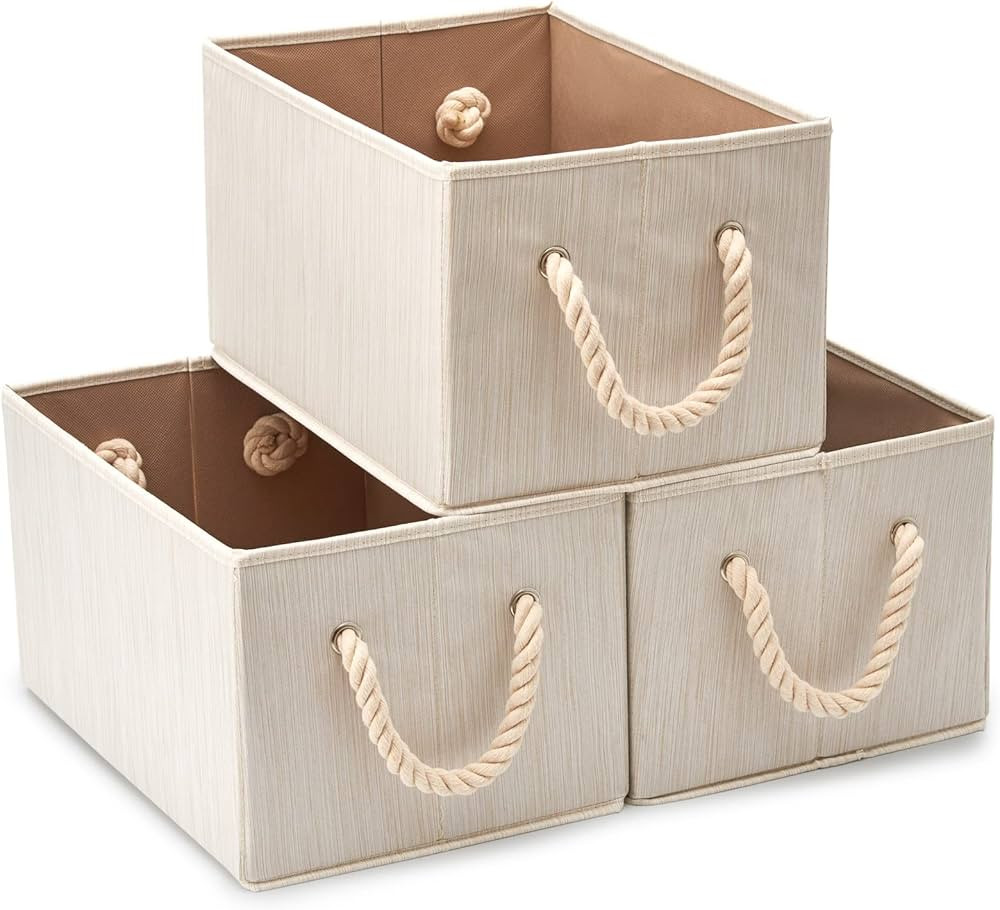 EZOWare Set of 3 Bamboo Large Fabric Storage Bins Baskets with Cotton Rope Handle, Collapsible Cu... | Amazon (US)