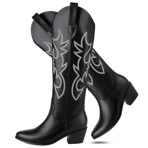 STALOV Black Cowgirl Boots for Women Pointed Toe Western Cowboy Boots Chunky Heel Embroidered Knee High Boots Black Tall Booties | Amazon (US)