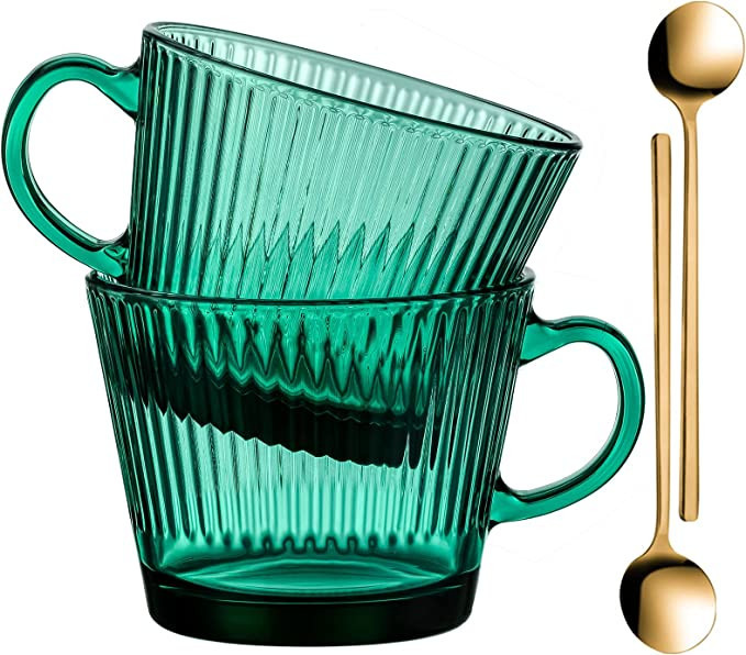 Buaic Glass Coffee Mugs, 14 Oz Set of 2 Vertical Stripes Green Glass Cups Stackable Coffee Cups, ... | Amazon (US)