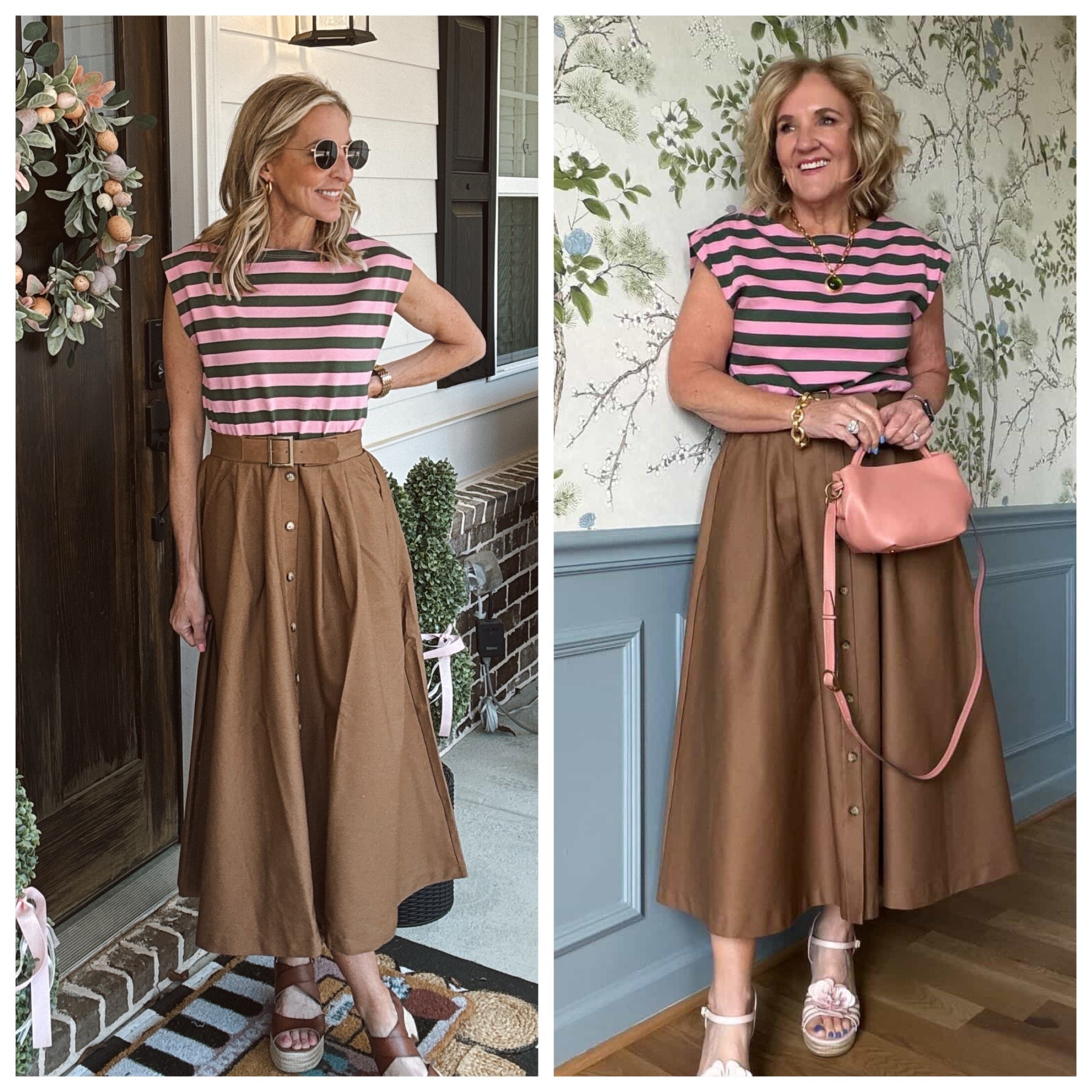 Sometimes you just have to get in, girl… because I was completely influenced by a sweet friend and honestly, I’m not even mad about it. 

This Anthropologie striped twofer dress immediately caught my eye with the structured striped top paired with that flattering belted brown midi skirt. It’s one of those effortless one-and-done pieces that looks styled without even trying and feels perfect for spring events, work, or dressing up different ways. @sweetfringebenefits 