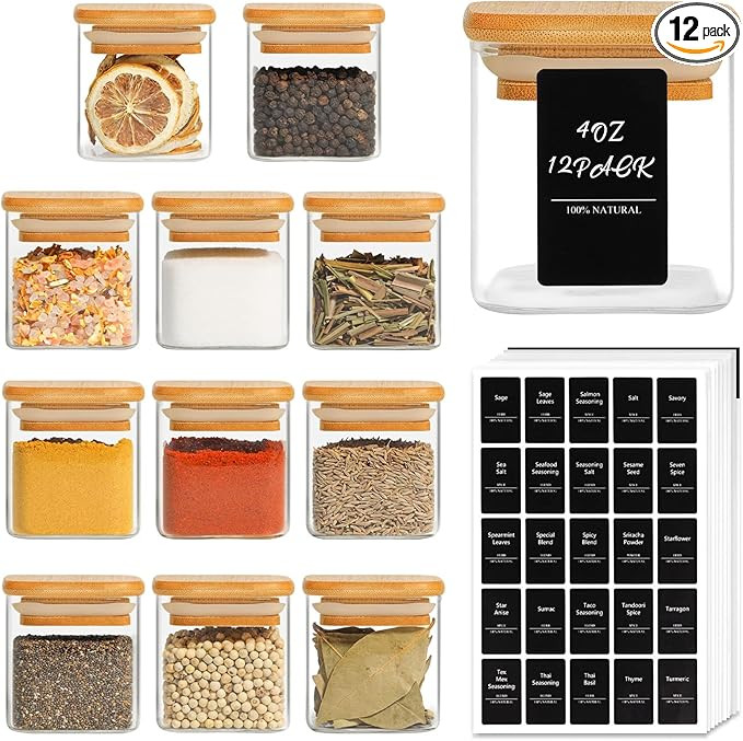 ComSaf 12Pcs Glass Spice Jars with Bamboo Lid, 4oz Airtight Square Spice Containers with 275 Blac... | Amazon (US)