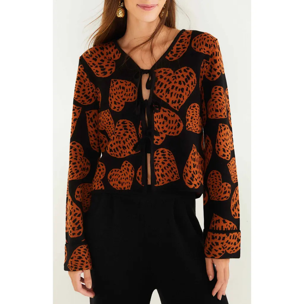FARM Rio Leopard Hearts Jacquard Cardigan in Leopard Hearts Black at Nordstrom Rack, Size X-Small | Nordstrom Rack