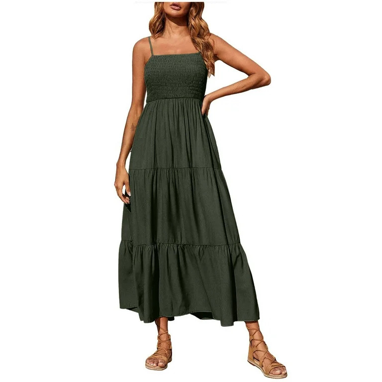 Womens Summer Dresses Bohemian Spaghetti Strap Smocked Tiered Long Beach Sun Dresses Sleeveless S... | Walmart (US)