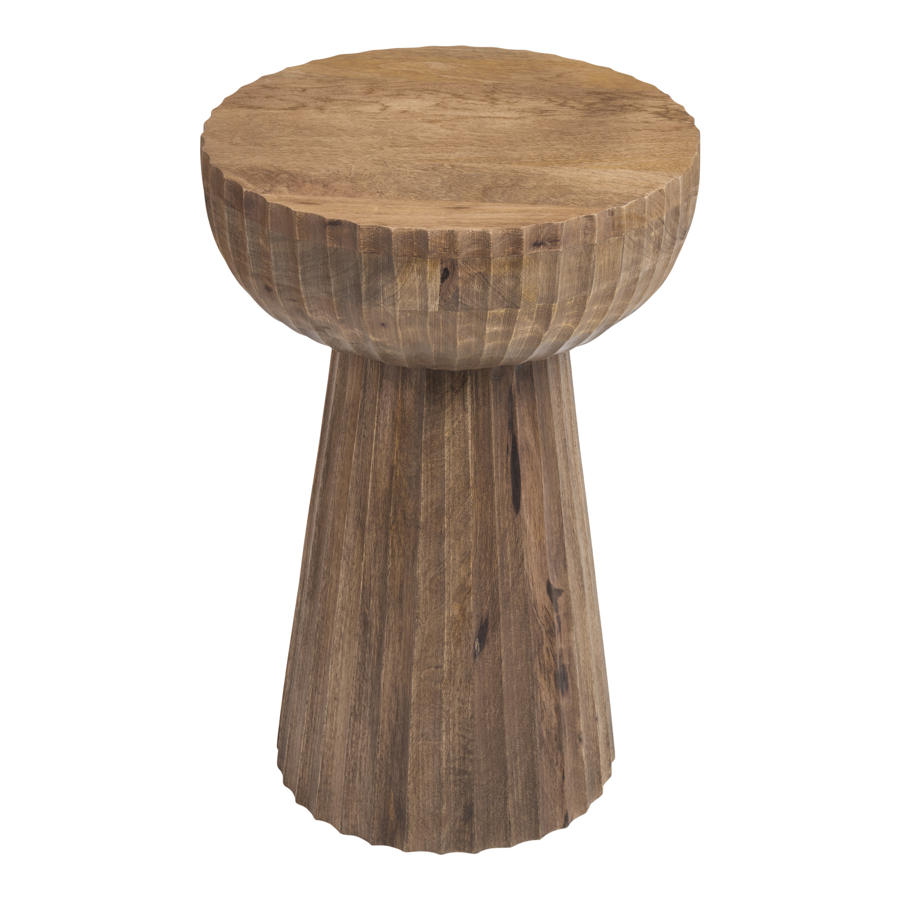 Anish Round Natural Wood Ribbed Pedestal Side Table | World Market