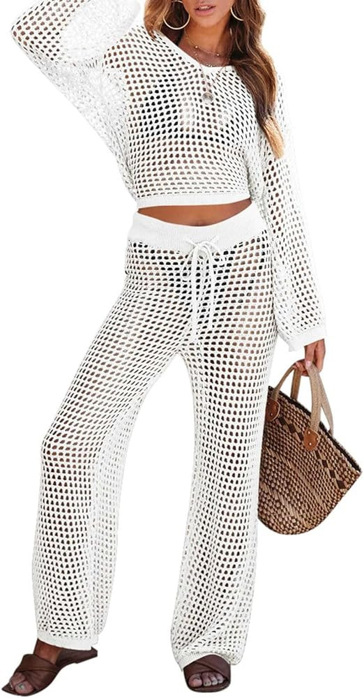 Pink Queen Women's Swimsuit Cover Up Set 2 Piece Crochet Long Sleeve Crop Top Wide Leg Pants Beac... | Amazon (US)