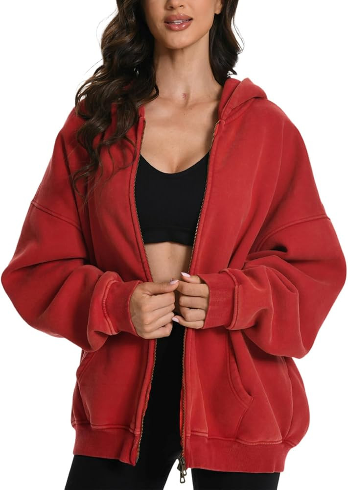 FAIABLE Mens Womens Double Zip Up Hoodie Oversized Acid Wash Heavyweight Fleece Cotton Zipper Hoo... | Amazon (US)