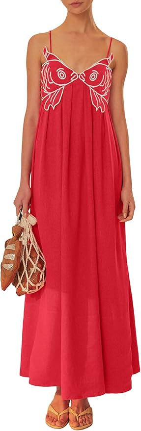 Women Koi Fish Long Cami Dress Y2k Embroidered Spaghetti Strap Flowy Maxi Dress Backless Summer V... | Amazon (US)