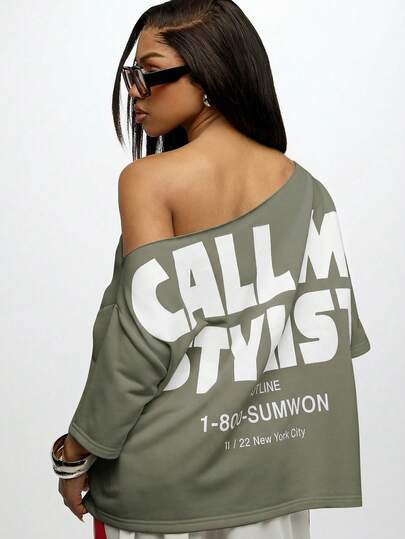 SUMWON WOMEN Off Shoulder Slouchy Oversized Graphic Tee With Call Me Hotline Print And Distressed... | SHEIN