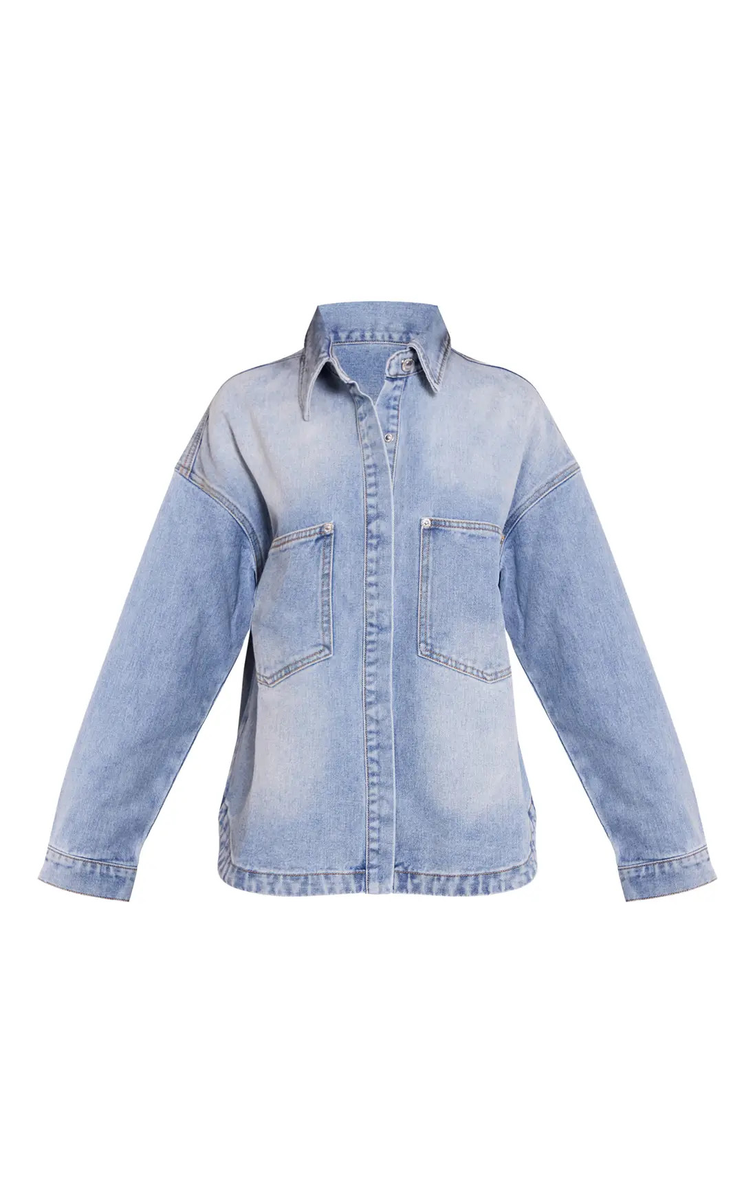 Petite Mid Blue Oversized Denim Shirt | PrettyLittleThing UK