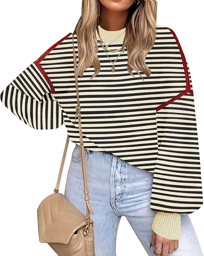 Fall Clothes for Women 2025 Trendy Fashion Oversized Sweaters Color Block Long Sleeve Knited Pull... | Amazon (US)