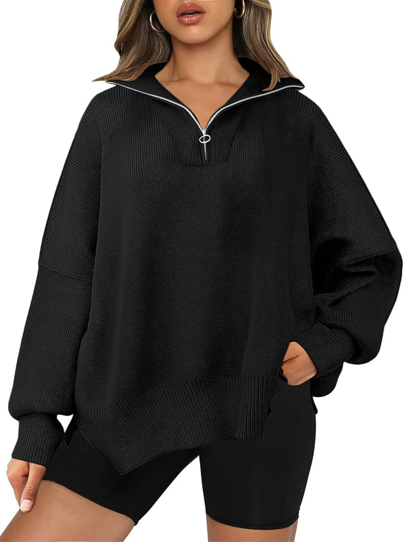 EFAN Women's Oversized Quarter Zip Pullover 2023 Fall Long Sleeve Collar Split Hem Slouchy Sweats... | Amazon (US)