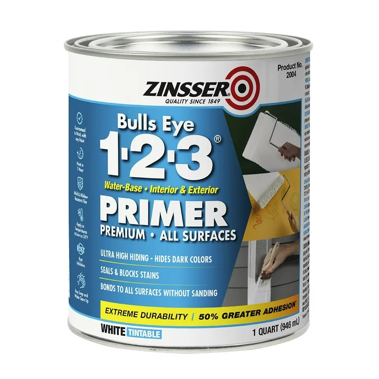 White, Zinsser Bulls Eye Water-Based 1-2-3 For All Surfaces Primer-315830, Quart | Walmart (US)