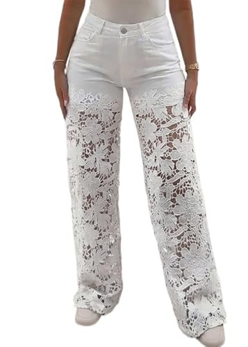 CHICME Women's High Waist Jeans Lace Spliced Stretchy Zipper Wide Leg Pants with Pockets Hollow-Out Baggy Jeans White-XXL | Amazon (US)