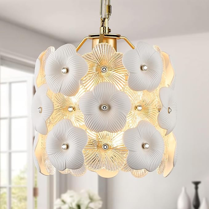 1-Light Gold Glass Pendant Light with White Ceramic Flowers, 1-Pack Luxury Small Ceiling Hanging ... | Amazon (US)