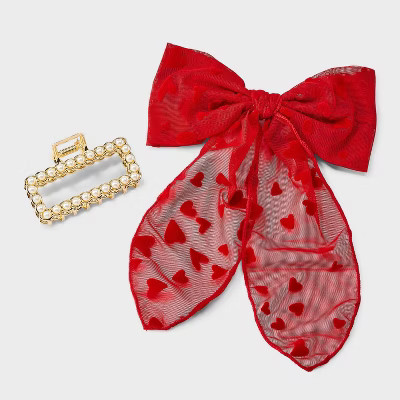 Valentine's Day Pearl Hair Claw Clip with Heart Embroidered Bow Set 2pc - A New Day™ Red/Gold | Target