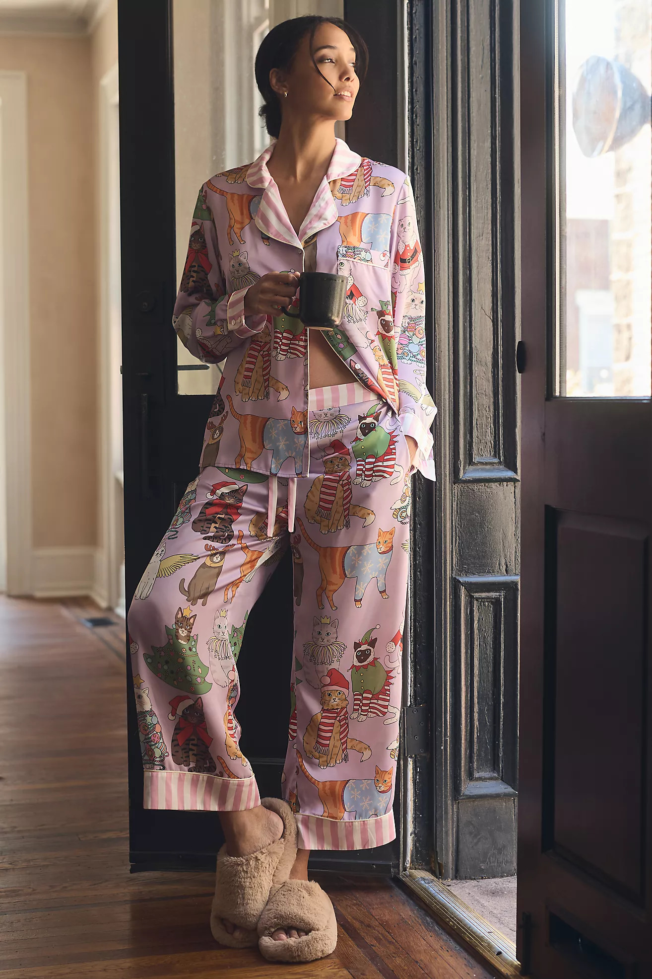 Karen Mabon Holiday Cat Long-Sleeve Pajama Set | Anthropologie (US)