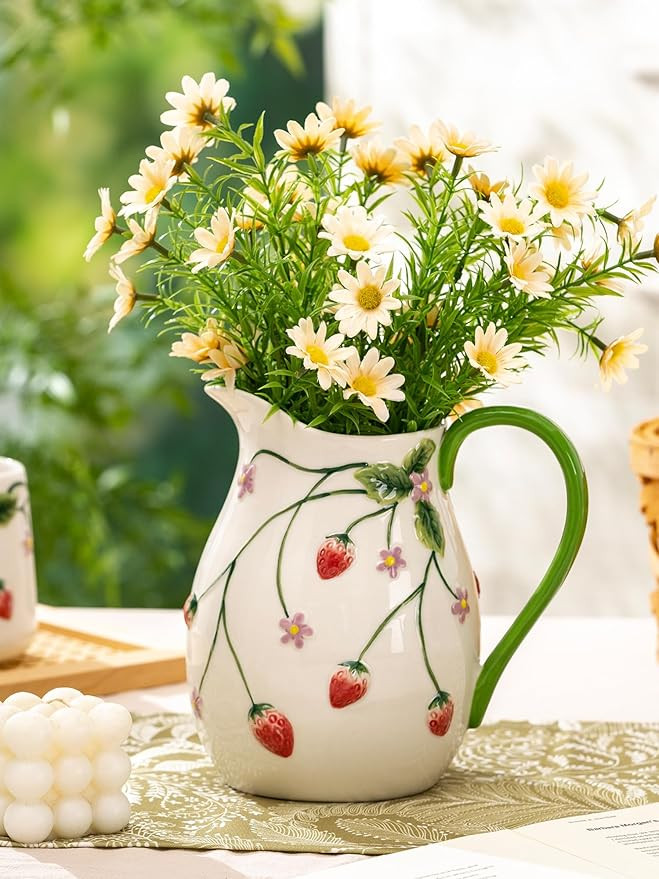 Strawberry Summer Pitcher Vase with Handle, Artisanal Handmade | Ceramic Farmhouse Floral Jug wit... | Amazon (US)