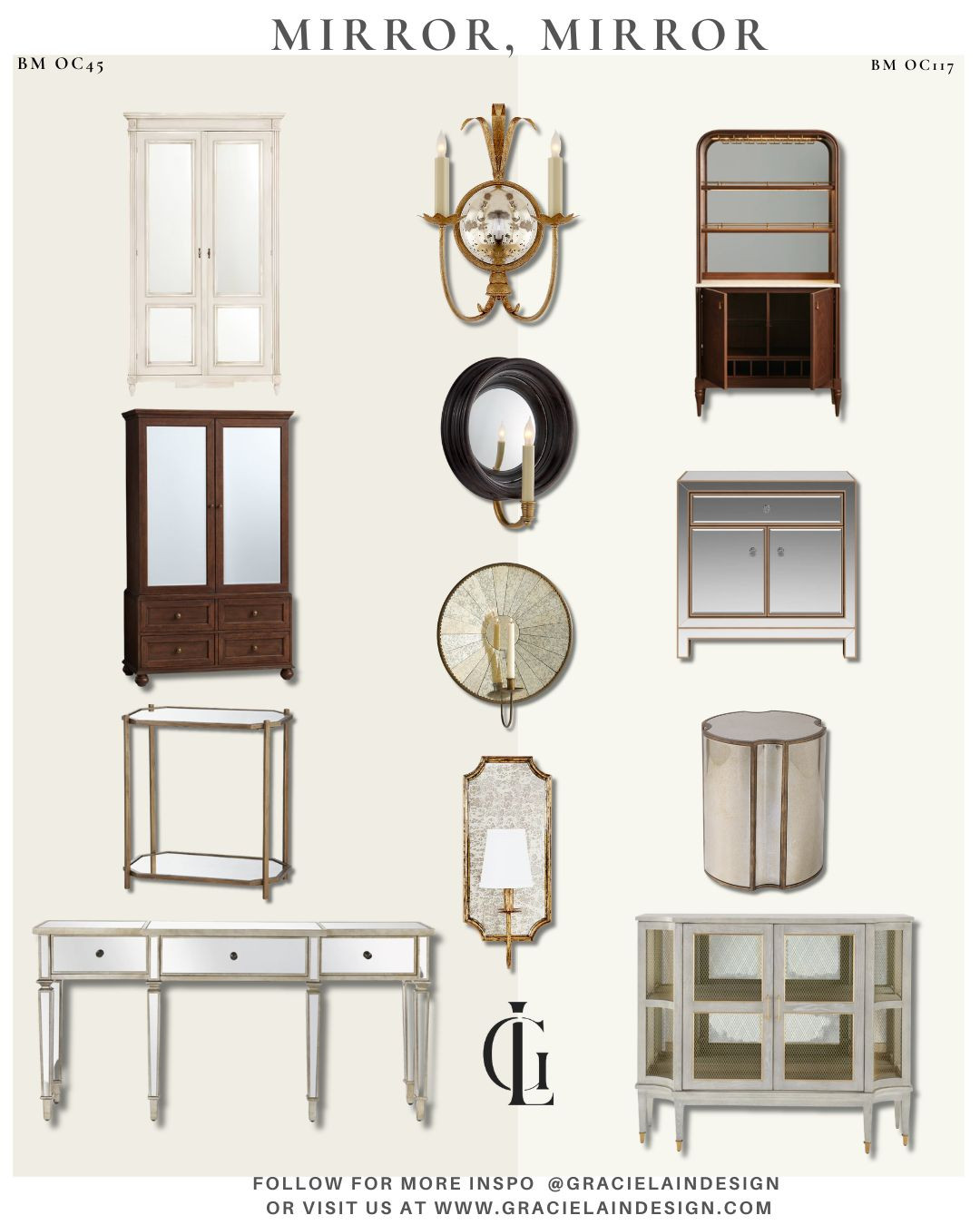 Mirror, mirror on the wall, or the console, or the cabinet... ✨

Add a little glam to your en suite, entryway, lounge, or any space with mirrored pieces that bring just the right amount of sparkle to your space. From elegant side tables and statement wall lights to ceiling lights and sophisticated armoires, each piece adds another gorgeous layer to your story.

Because the right amount of shine can transform a room. ✨

Discover more in the links and at gracielaindesign.com

#GracielainDesign #InteriorDesign #InteriorStyling #HomeDecor #GlamInteriors #MirroredFurniture #LuxuryInteriors #EnSuite #EntrywayDesign #LivingRoomDecor #LightingDesign #StatementPieces #HomeGlam #InteriorInspiration 

 #LTKHome #LTKSaleAlert