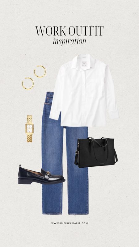 work outfit inspiration. work outfits. office outfit. white button up. jeans. loafers. work bag. work wear. workwear. business casual outfit. young professional. abercrombie and fitch. amazon work bag

#LTKworkwear #LTKstyletip #LTKunder100