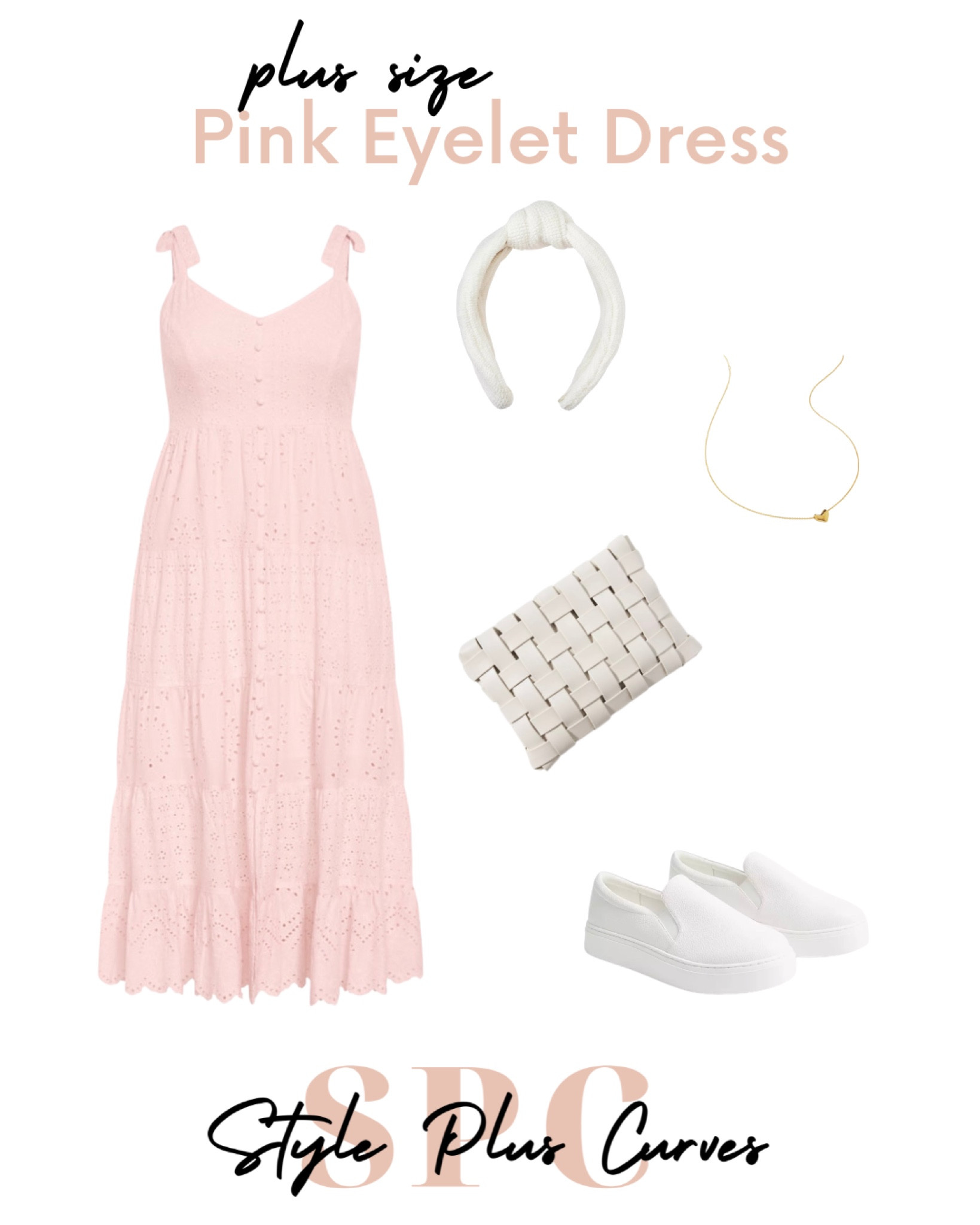 Beautiful, comfortable plus size summer dress! Pink eyelet with my go-to accessories: a headband, comfy shoes, a clutch, and a simple gold necklace  

#LTKPlusSize
