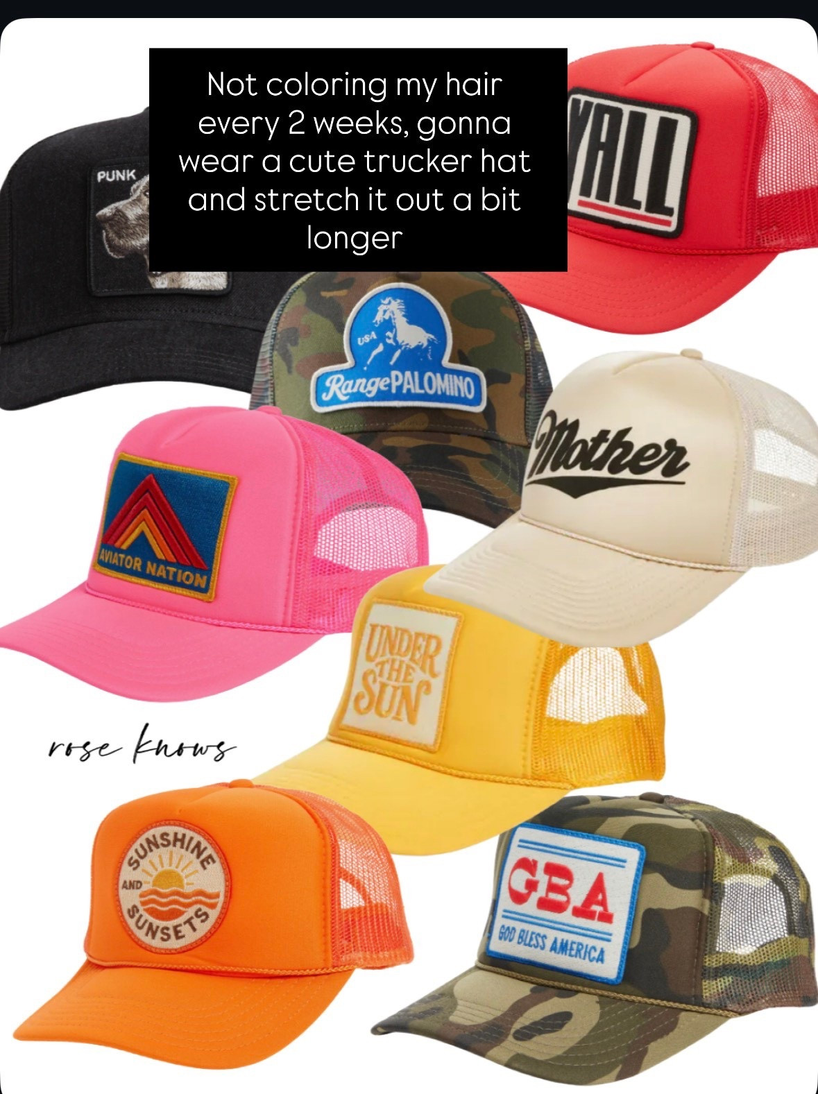 Trying to stretch out my color appointments-
Trucker hats have saved the day! 
Ps my 82 year old mother looks so cute in them too! Your mom might like one for Mother’s Day just saying 🙌🎁😚


#LTKOver40 #LTKmomlife #LTKTravel