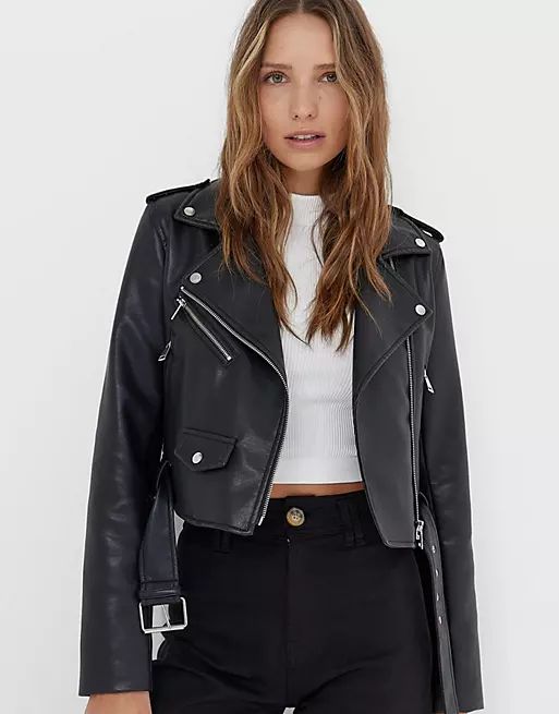 Stradivarius faux leather jacket in black | ASOS (Global)