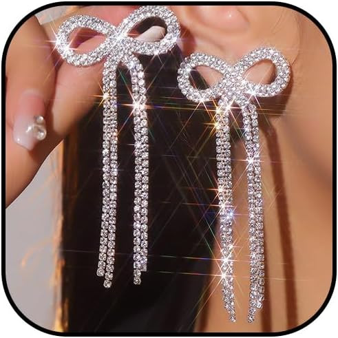 Bow Earrings for Women Silver Rhinestone Bow Earrings Dangle Sparkly Hot Pink Long Tassel Bow Ear... | Amazon (US)