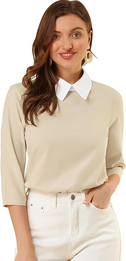 Allegra K Women's Contrast Point Collar 3/4 Sleeve Casual Chiffon Blouse Tops | Amazon (US)
