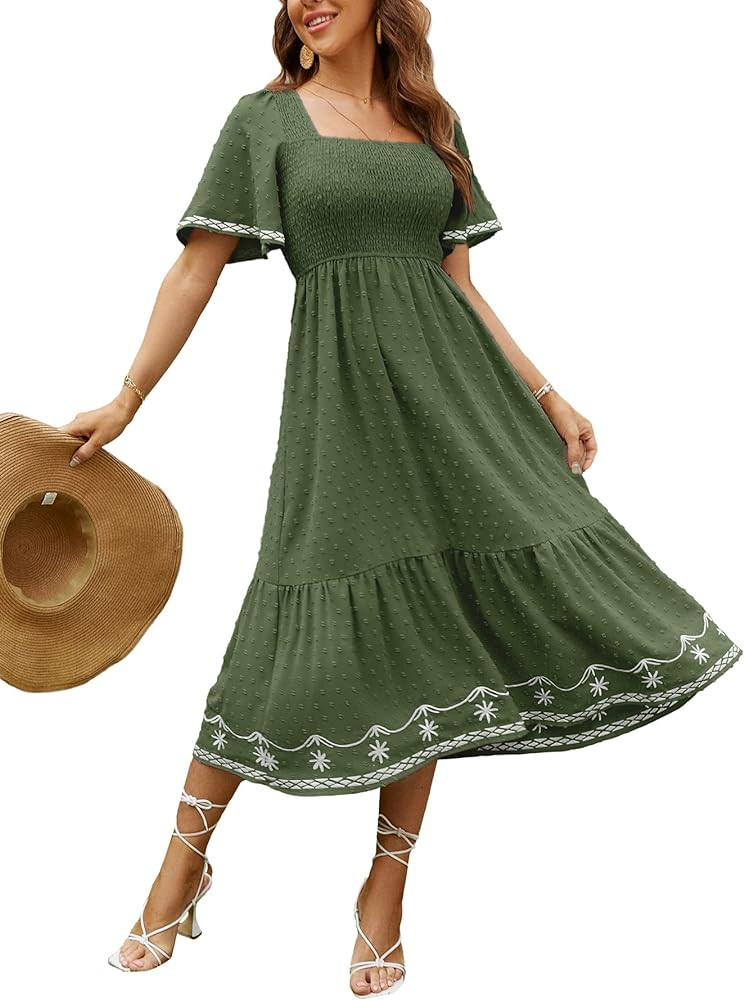 Glamaker Women's Short Sleeve Smocked Square Neck A Line Summer Flowy Maxi Long Dress | Amazon (US)