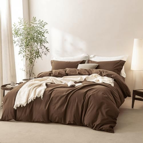 BDEAR 3 Pieces Cocoa Brown Duvet Cover Set Oversized King Size 120'' W x 98'' L, 100% Washed Cotton Duver Cover with Zipper Closure Plus 2 Pillowcases, Oeko TEX Standard Certificated, Cozy Feel | Amazon (US)