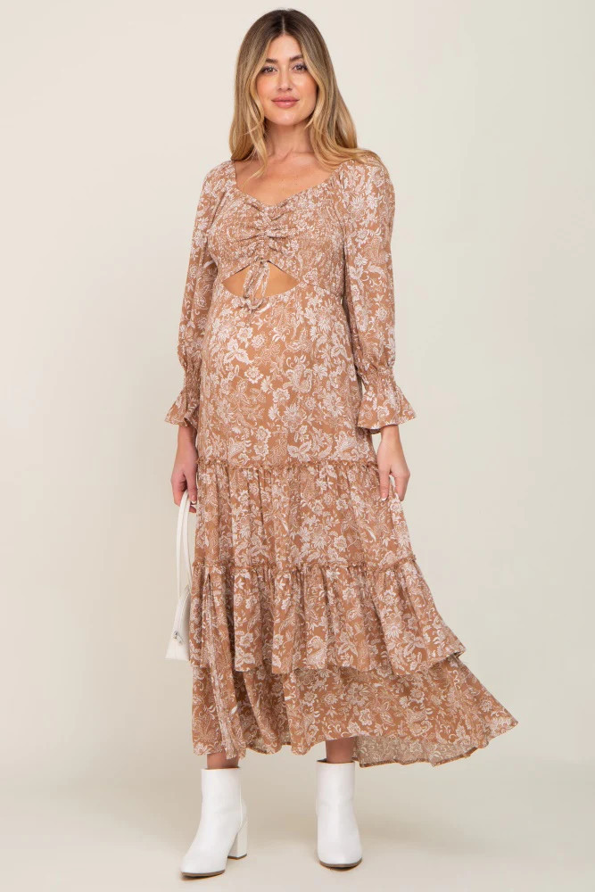 Beige Floral Cutout Smocked Tiered Maternity Maxi Dress | PinkBlush Maternity