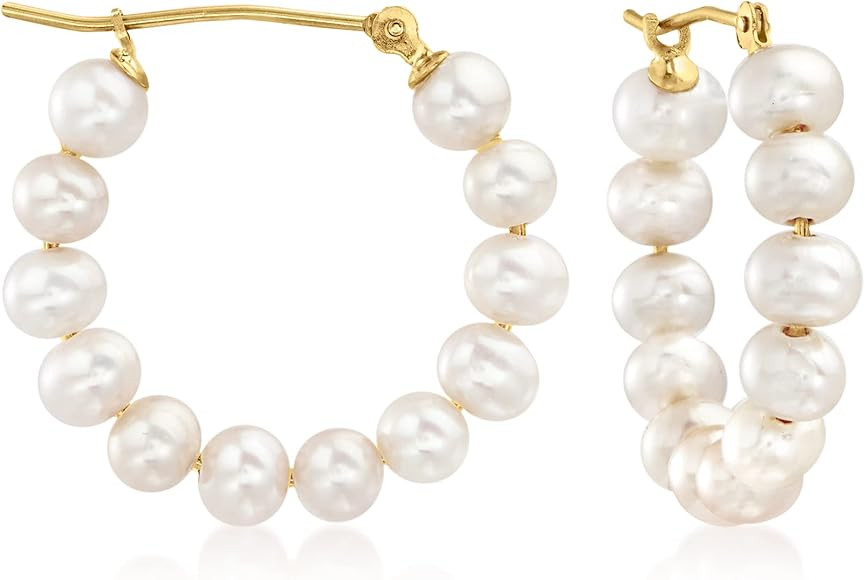 Ross-Simons 4-5mm Cultured Pearl Hoop Earrings in 14kt Yellow Gold | Amazon (US)