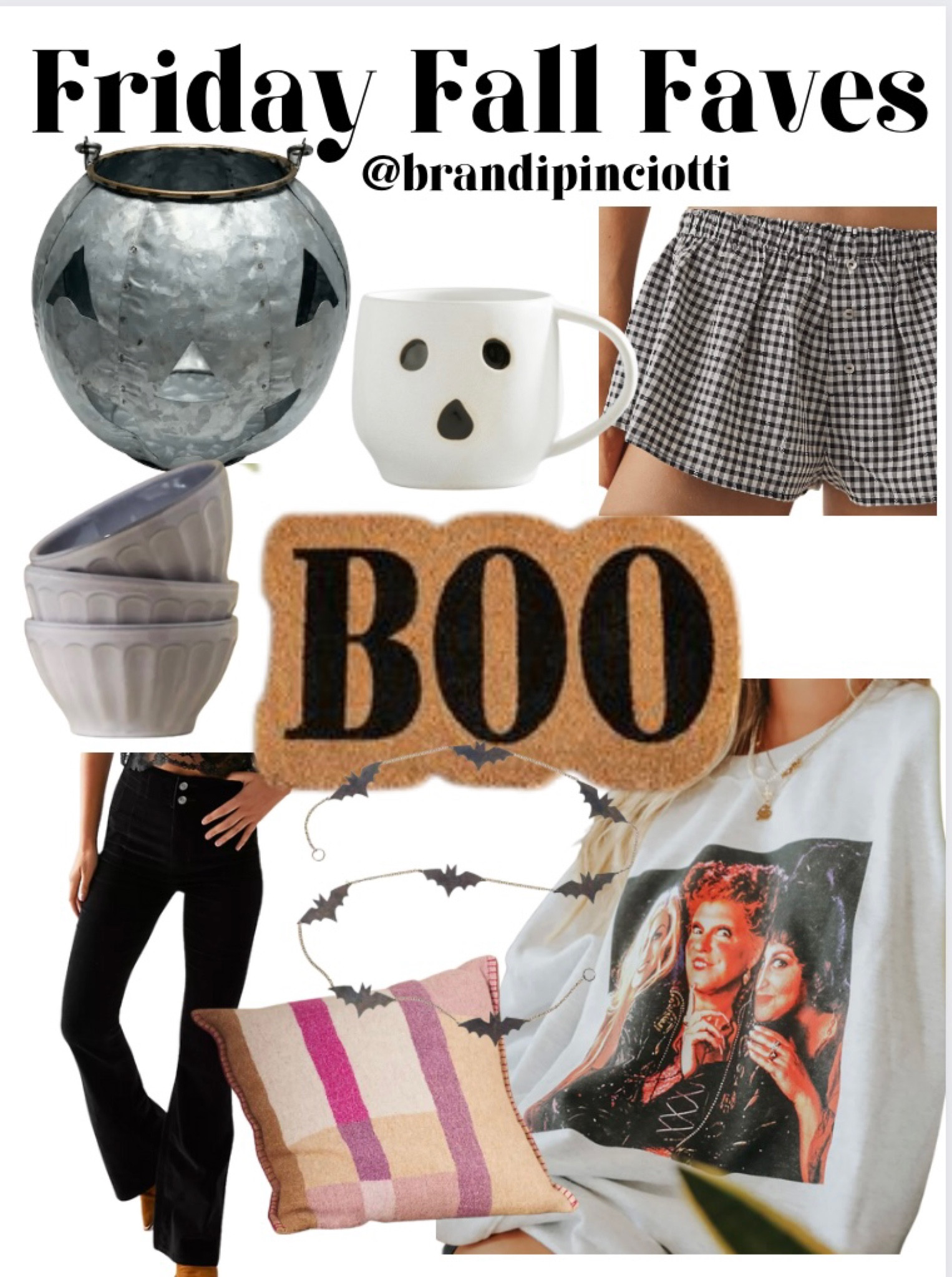 Friday fall faves! 
1.) This is a dupe of the pottery barn pumpkins i got last year on super sale!
2.) cutest ghost mug
3.) the most comfy flannel pajama shorts
4.) these purple latte bowls are on sale!
5.) simple yet cute door mat. Would look adorable layered over a Buffalo check rug
6.) obsessed with these black corduroy flare pants! Definitely a fall staple for me this season
7.) love these colors in this pillow! And it’s on sale
8.) metal bat garland 🦇 
9.) my favorite Halloween purchase of the season so far, this hocus pocus sweater 


#LTKhome #LTKSeasonal #LTKsalealert