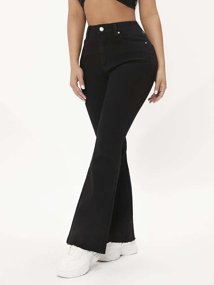 SHEIN PETITE High Waist Raw Hem Flare Leg Jeans | SHEIN
